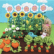 A crocheted garden featuring sunflowers, a squirrel, carrots, and tomatoes