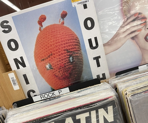 An orange crocheted toy is featured on one of the music album covers displayed at a bookstore.
