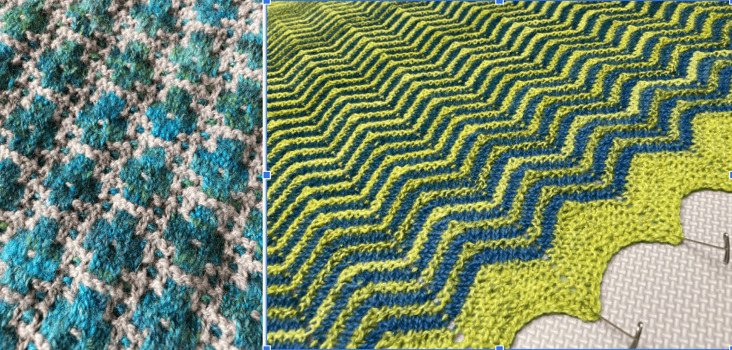 Detail images of two knit shawls in shades of teal, white, and butter