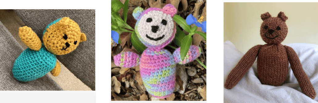 Three bears made in different yarn colors, a teal and yellow crocheted bear, a rainbow and white crocheted bear, and a brown knit bear