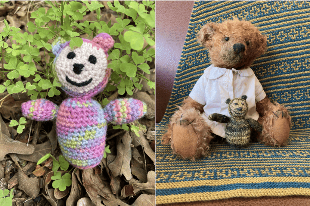 A pink crocheted bear on a field of clover next to an antique teddy bear and a knit bear
