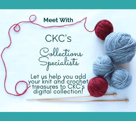 A festive graphic with balls of yarn and the works Meet with CKC's Collections Specialists