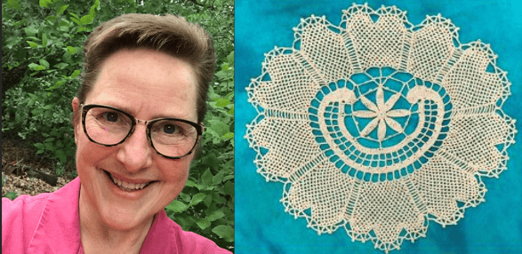 Suzann Thompson next to an image of a crocheted lace doily