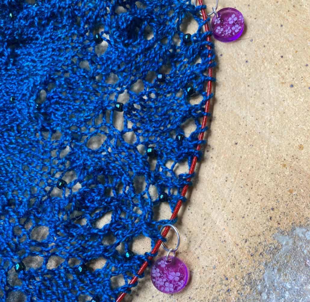 Beaded knit shawl in blue silk 