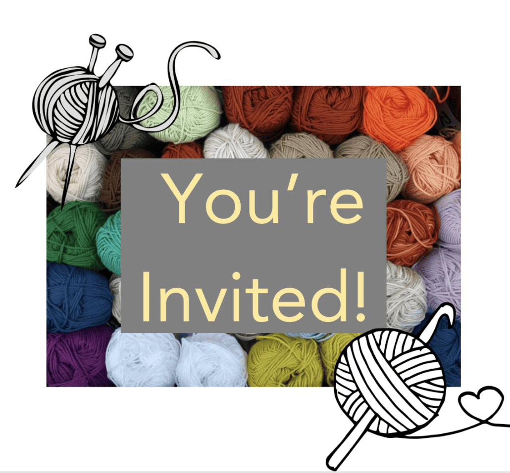 You're invited! text over a multicolored background of yarn
